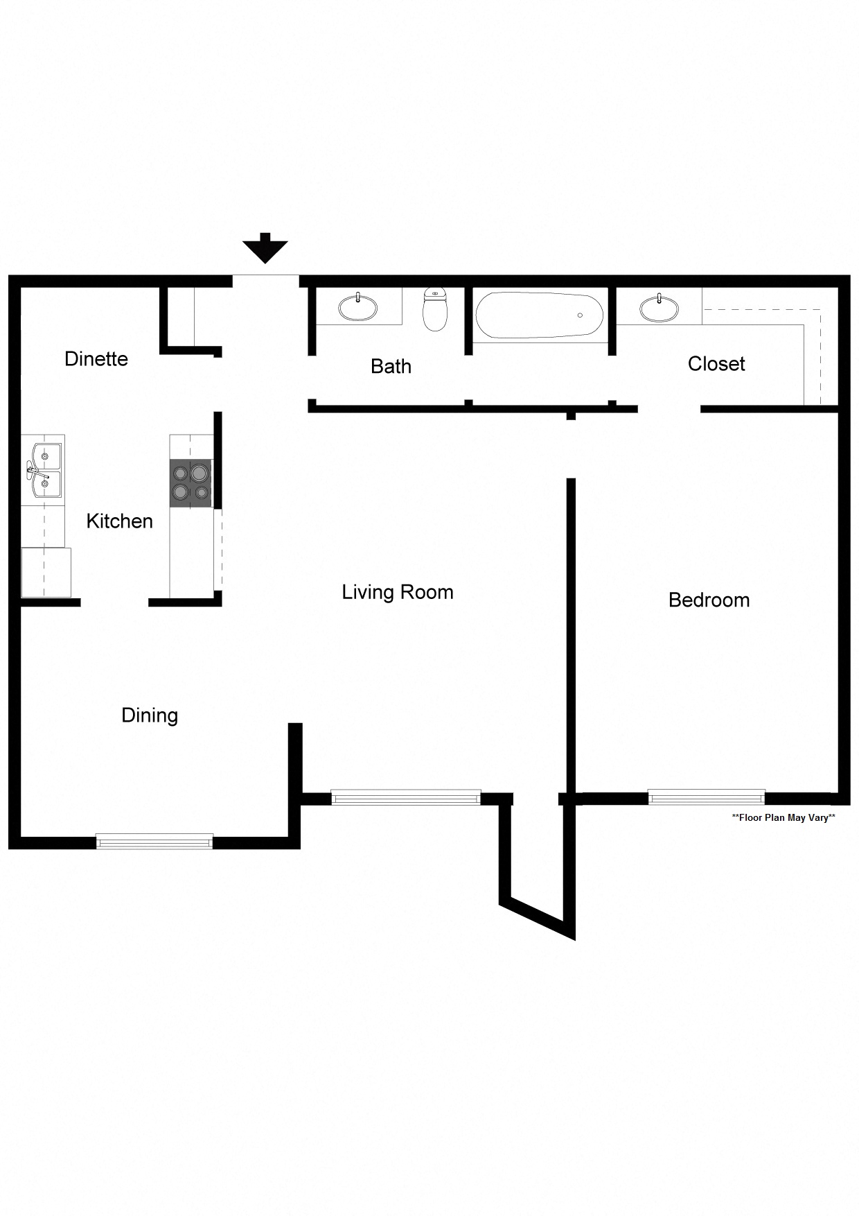 Floor plan for 1 bed, 1 bath, 760 sqft
